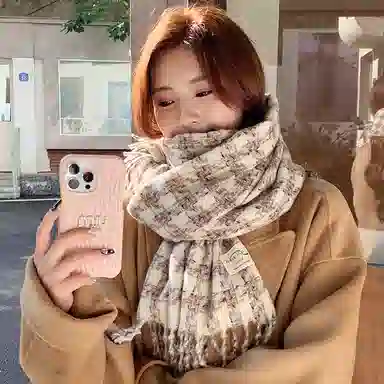 北极绒 氛围感格子冬新款韩系百搭学生可爱少女加厚保暖韩版 聚酯纤维 绒线围巾 男女同款情侣款