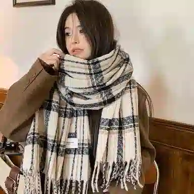 北极绒 日系复古氛围感深棕色格子秋冬学生加厚保暖百搭气质格纹咖啡色高级感条纹围脖 聚酯纤维 绒线围巾 男女同款情侣款