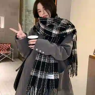 北极绒 日系复古氛围感深棕色格子秋冬学生加厚保暖百搭气质格纹咖啡色高级感条纹围脖 聚酯纤维 绒线围巾 男女同款情侣款