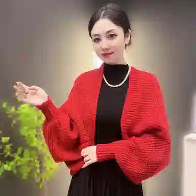 北极绒 针织镂空外搭春秋季 时尚宽松装饰长袖蝙蝠袖 披肩 女款