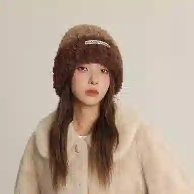 北极绒 韩国撞色冬季保暖大头围护耳显脸小毛茸茸 聚酯纤维 绒线帽 女款