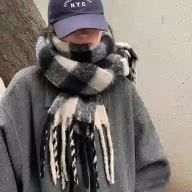 北极绒 高级感黑白格子长款韩版秋冬季学生加厚保暖马海毛 绒线围巾 男女同款情侣款