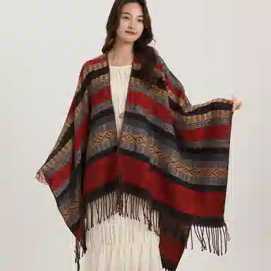 北极绒 复古流苏条纹民族风保暖披风 披肩 女款