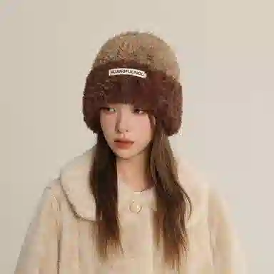 北极绒 韩国撞色冬季保暖大头围护耳显脸小毛茸茸 聚酯纤维 绒线帽 女款