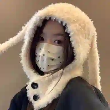 北极绒 可爱兔子耳朵巴拉克拉法帽秋冬季新款加厚防寒保暖毛绒 聚酯纤维 帽子 男女同款情侣款