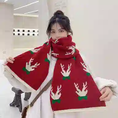 北极绒 新年圣诞小鹿鹿角冬季日系百搭可爱麋鹿红色学生加厚保暖针织围脖 绒线围巾 男女同款情侣款
