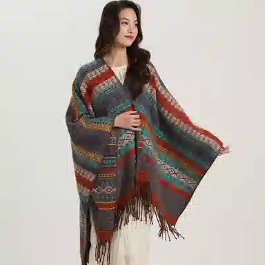 北极绒 复古流苏条纹民族风保暖披风 披肩 女款