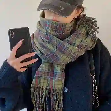 北极绒 复古绿色格子冬季高级感百搭保暖围脖 绒线围巾 男女同款情侣款