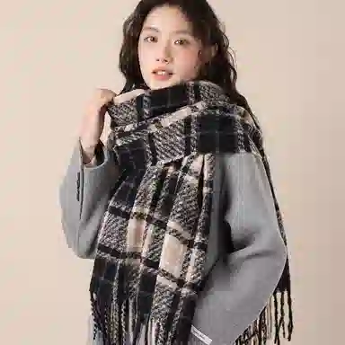 北极绒 韩版高级感复古拼格子夹花纹保暖御寒防风加厚 绒线围巾 男女同款情侣款