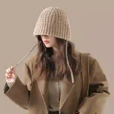 北极绒 美拉德风秋冬韩系保暖百搭辫子护耳显脸小 聚酯纤维 绒线帽 女款