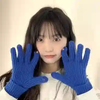 北极绒 韩国克莱因蓝毛线针织可爱冬季加厚保暖可触屏露手指头分指骑车百搭潮流 聚酯纤维 绒线手套 男女同款情侣款