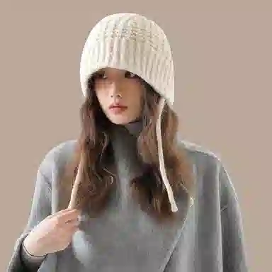 北极绒 美拉德风秋冬韩系保暖百搭辫子护耳显脸小 聚酯纤维 绒线帽 女款