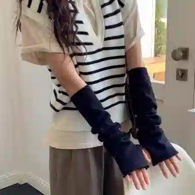 北极绒 日系针织毛线手臂套秋冬露指可触屏防寒保暖护臂纯色长款袖套 聚酯纤维 手套 女款