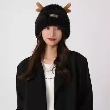 北极绒 毛绒绒鹿角针织韩版防寒保暖显脸小护耳可爱 聚酯纤维 绒线帽 男女同款情侣款
