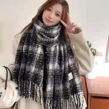 北极绒 秋冬高级感季韩版显白彩点格纹学生时尚百搭保暖氛围感 绒线围巾 男女同款情侣款