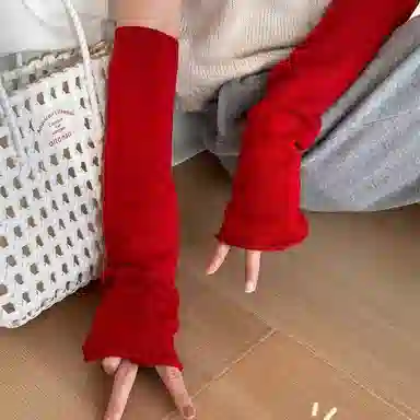 北极绒 日系针织毛线手臂套秋冬露指可触屏防寒保暖护臂纯色长款袖套 聚酯纤维 手套 女款