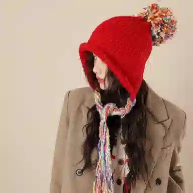 北极绒 彩色流苏民族风甜美护耳时尚保暖针织帽 聚酯纤维 绒线帽 男女同款情侣款