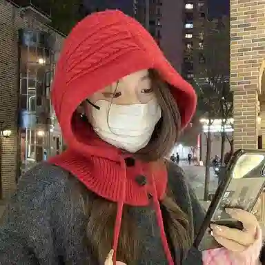 北极绒 毛线针织巴拉克拉法帽围脖一体秋冬天护颈保暖时髦二合一两件套 腈纶 绒线帽 男女同款情侣款