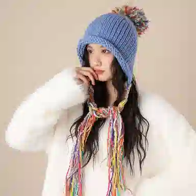北极绒 彩色流苏民族风甜美护耳时尚保暖针织帽 聚酯纤维 绒线帽 男女同款情侣款