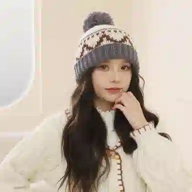 北极绒 日系复古费尔岛毛线针织秋冬季可爱毛球毛线保暖护耳冷帽 聚酯纤维 绒线帽 男女同款情侣款
