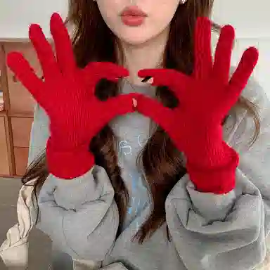 北极绒 韩国克莱因蓝毛线针织可爱冬季加厚保暖可触屏露手指头分指骑车百搭潮流 聚酯纤维 绒线手套 男女同款情侣款