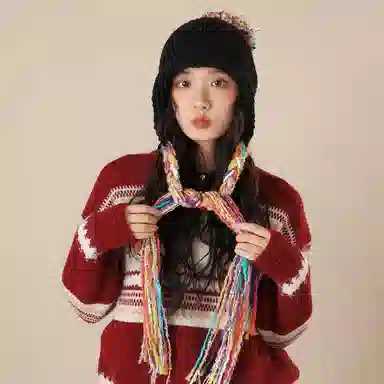 北极绒 彩色流苏民族风甜美护耳时尚保暖针织帽 聚酯纤维 绒线帽 男女同款情侣款