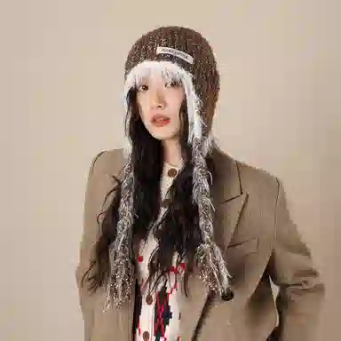 北极绒 针织毛线秋冬新款保暖护耳毛绒系带韩版百搭可爱套头冷帽 聚酯纤维 绒线帽 男女同款情侣款