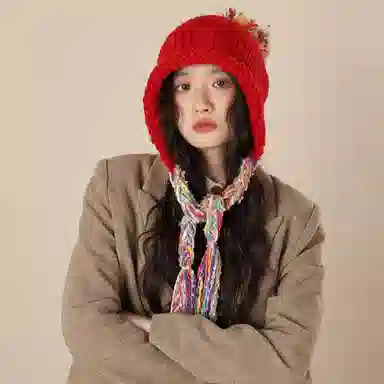 北极绒 彩色流苏民族风甜美护耳时尚保暖针织帽 聚酯纤维 绒线帽 男女同款情侣款