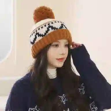 北极绒 日系复古费尔岛毛线针织秋冬季可爱毛球毛线保暖护耳冷帽 聚酯纤维 绒线帽 男女同款情侣款