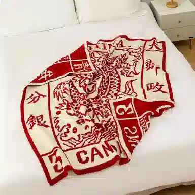 北极绒 小众国潮大龙邮票潮流复古风半边绒空调午睡办公室盖#好运 披肩 男女同款情侣款