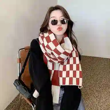 北极绒 秋冬季格子加厚针织红色显白出游百搭披肩围脖 涤纶 绒线围巾 男女同款情侣款