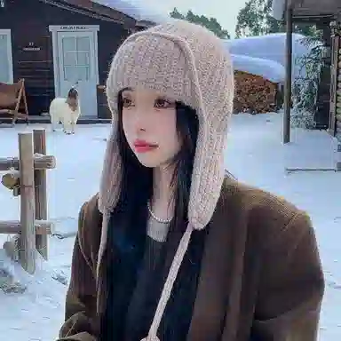 北极绒 日系纯色保暖护耳针织帽秋冬绑带毛线韩版百搭加厚长带子 聚酯纤维 绒线帽 男女同款情侣款