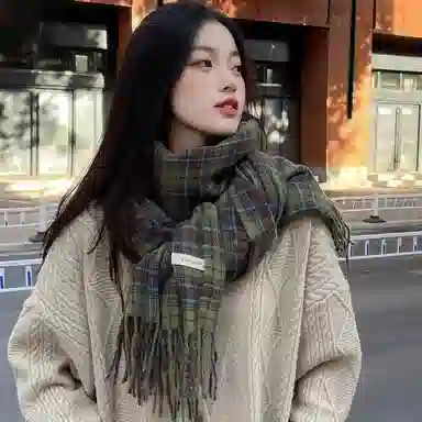 北极绒 复古绿色格子冬季高级感百搭保暖围脖 绒线围巾 男女同款情侣款