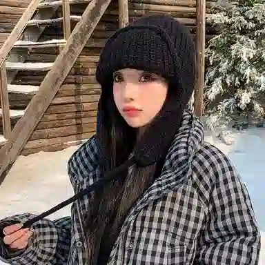 北极绒 日系纯色保暖护耳针织帽秋冬绑带毛线韩版百搭加厚长带子 聚酯纤维 绒线帽 男女同款情侣款