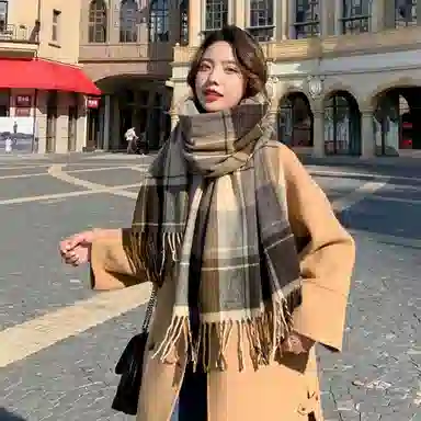 北极绒 冬季保暖韩版复古格子流苏 绒线围巾 男女同款情侣款