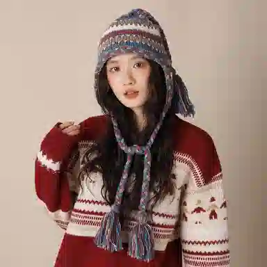 北极绒 民族风条纹撞色手工针织辫子复古百搭大头围显脸小护耳帽 聚酯纤维 绒线帽 男女同款情侣款