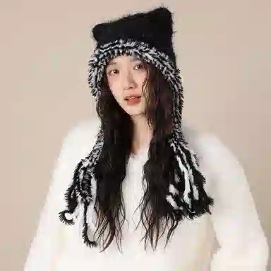 北极绒 大头围显脸小新款韩版百搭保暖毛绒系带护耳 聚酯纤维 绒线帽 男女同款情侣款