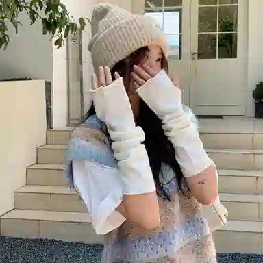 北极绒 日系针织毛线手臂套秋冬露指可触屏防寒保暖护臂纯色长款袖套 聚酯纤维 手套 女款