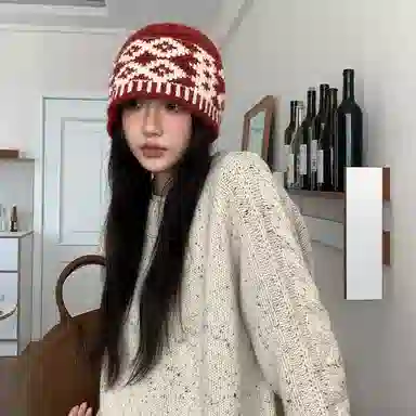 北极绒 复古拼色菱形格 百搭毛线秋冬显脸小包头保暖冷帽 聚酯纤维 绒线帽 男女同款情侣款