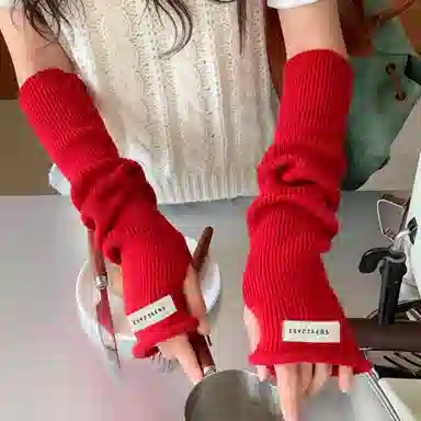 北极绒 粉色多巴胺少女纯色针织毛线袖套针织长款秋冬百搭学生堆堆袖 聚酯纤维 手套 女款