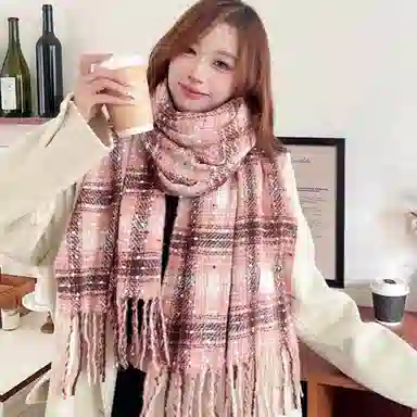 北极绒 秋冬高级感季韩版显白彩点格纹学生时尚百搭保暖氛围感 绒线围巾 男女同款情侣款