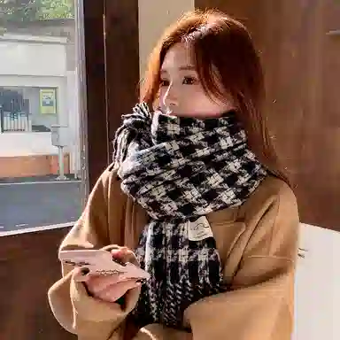 北极绒 氛围感格子冬新款韩系百搭学生可爱少女加厚保暖韩版 聚酯纤维 绒线围巾 男女同款情侣款