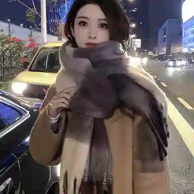 北极绒 高级感拼色马海毛秋冬保暖加厚百搭格子流苏冬季围脖披肩潮 绒线围巾 男女同款情侣款