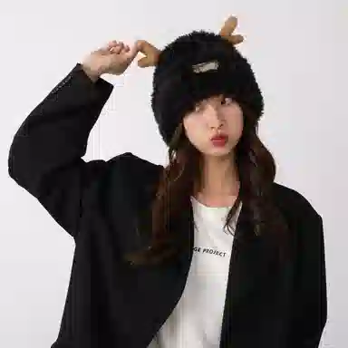 北极绒 毛绒绒鹿角针织韩版防寒保暖显脸小护耳可爱 聚酯纤维 绒线帽 男女同款情侣款