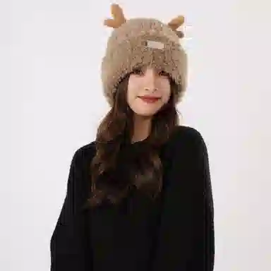 北极绒 毛绒绒鹿角针织韩版防寒保暖显脸小护耳可爱 聚酯纤维 绒线帽 男女同款情侣款