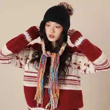 北极绒 彩色流苏民族风甜美护耳时尚保暖针织帽 聚酯纤维 绒线帽 男女同款情侣款