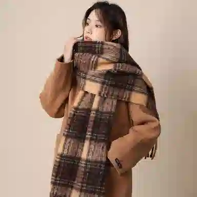 北极绒 秋冬季新款高级感格子围脖保暖学生韩版加厚披肩 聚酯纤维 绒线围巾 男女同款情侣款