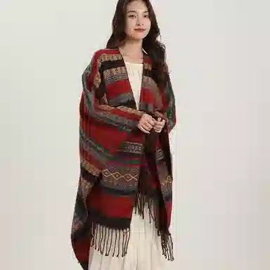 北极绒 复古流苏条纹民族风保暖披风 披肩 女款