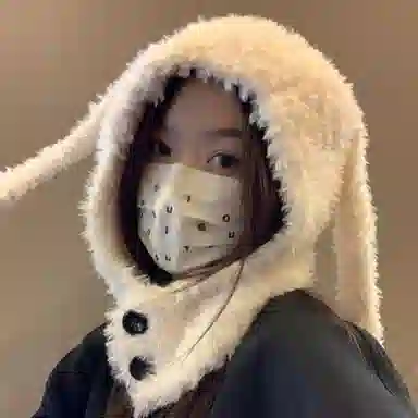 北极绒 可爱兔子耳朵巴拉克拉法帽秋冬季新款加厚防寒保暖毛绒 聚酯纤维 帽子 男女同款情侣款