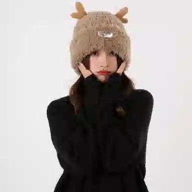 北极绒 毛绒绒鹿角针织韩版防寒保暖显脸小护耳可爱 聚酯纤维 绒线帽 男女同款情侣款